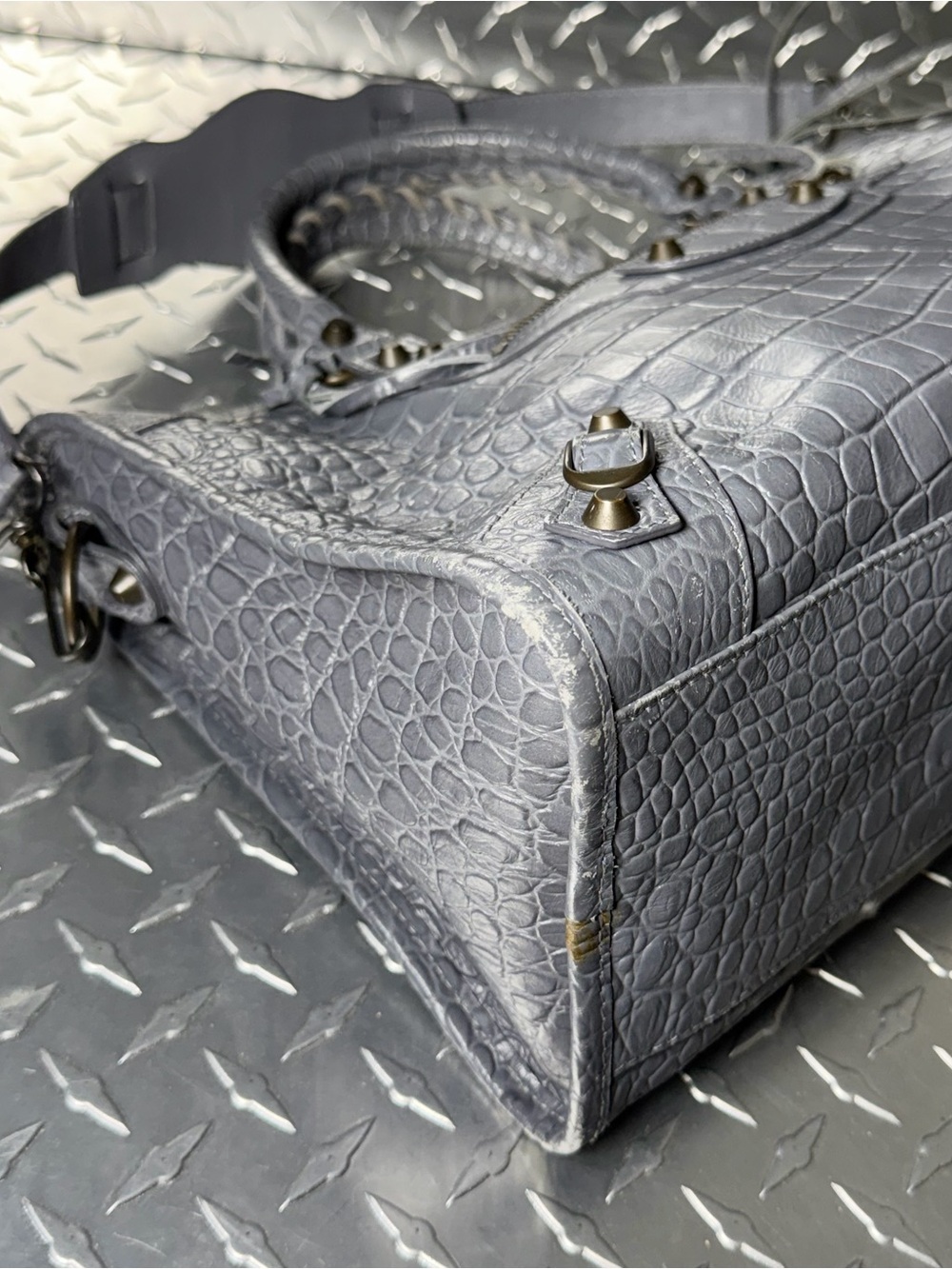 Balenciaga Croc Embossed Moto Medium City Bag in Grey - Picture 5 of 10